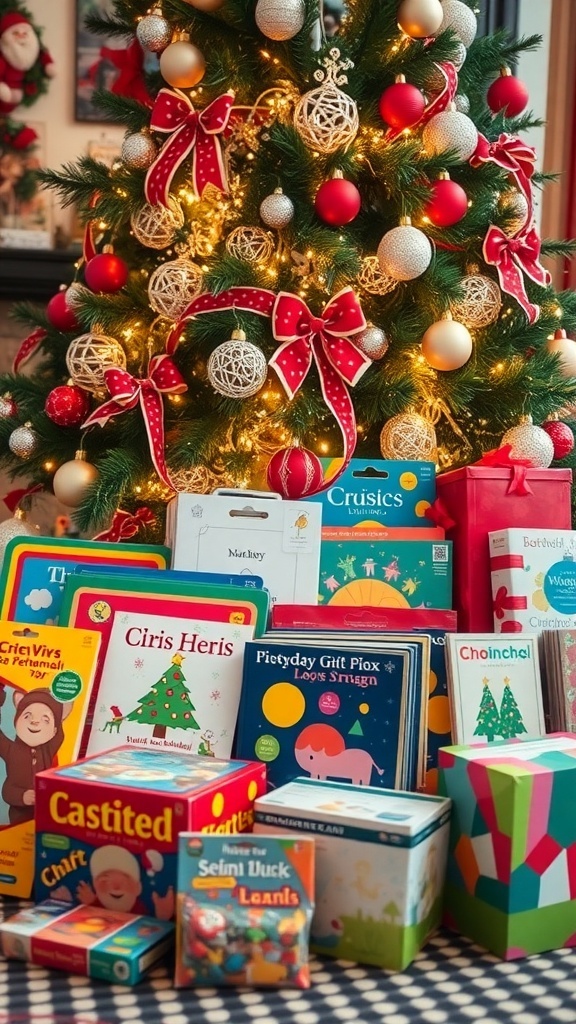 A variety of Christmas gifts for 3rd graders under a Christmas tree, including books, toys, and art supplies.
